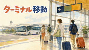 仁川空港の第1・第2ターミナルを結ぶ無料シャトルバスのりばで案内サインを見上げる旅行者たち