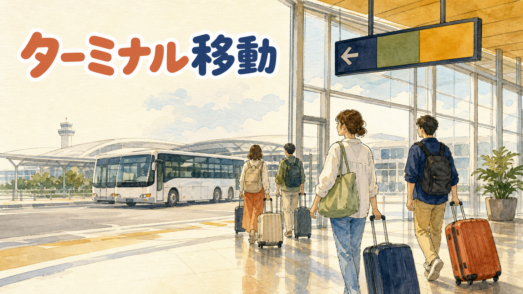 仁川空港の第1・第2ターミナルを結ぶ無料シャトルバスのりばで案内サインを見上げる旅行者たち