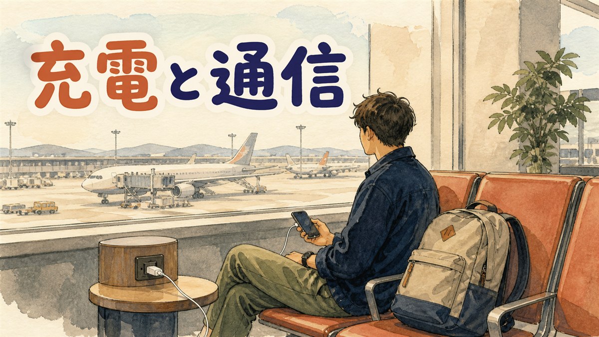 仁川空港の到着ロビーでスーツケースのそばスマートフォンを見る旅行者