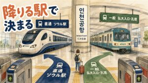 仁川空港駅の改札を出た先で、床の案内矢印が直通のソウル駅行きと一般の弘大入口・孔徳行きの2方向に分かれている様子。奥に直通列車と一般列車が停まっている