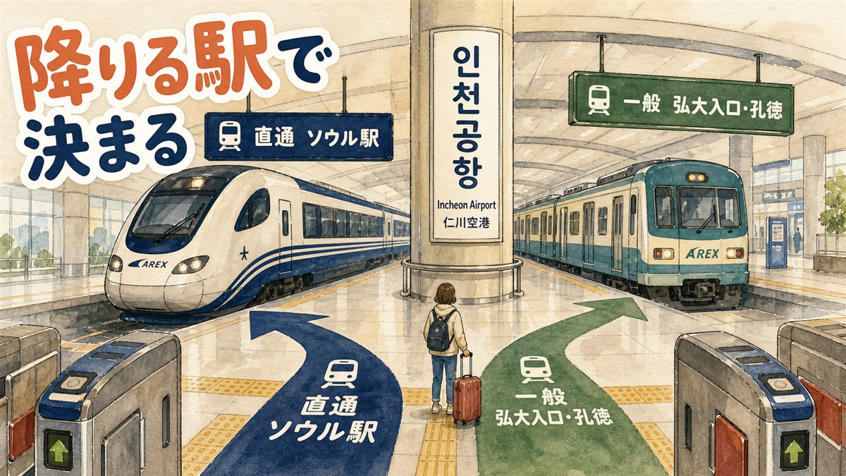 仁川空港駅の改札を出た先で、床の案内矢印が直通のソウル駅行きと一般の弘大入口・孔徳行きの2方向に分かれている様子。奥に直通列車と一般列車が停まっている