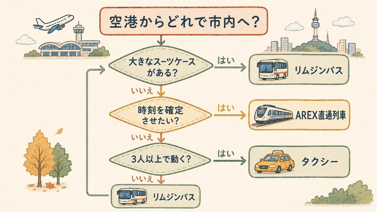 荷物量・到着時刻・人数の3軸でリムジンバス・AREX・タクシーを選び分ける分岐図
