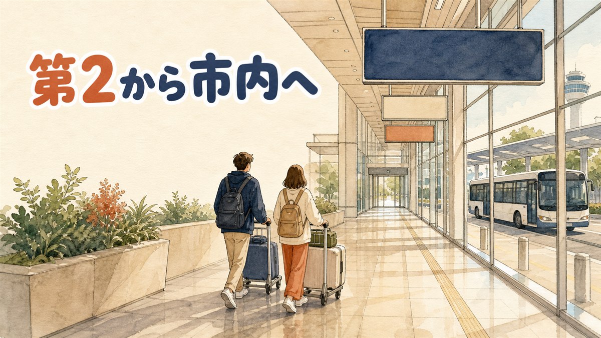 仁川空港第2旅客ターミナルの案内表示を見上げるスーツケースの旅行者