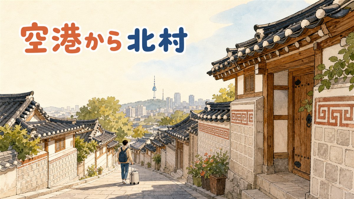 安国駅の地下鉄出口から北村の坂道と韓屋の屋根が見える情景