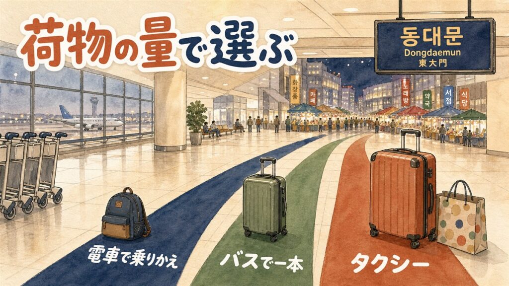 仁川空港の到着フロアから東大門へ向かう3本の経路が床の帯で描かれ、荷物の大きさごとに電車・バス・タクシーへ分かれている様子