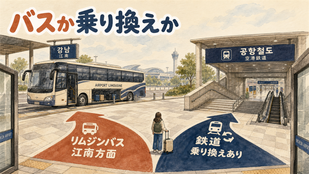 仁川空港から江南へのアクセスの記事のアイキャッチ。空港の出口で床の案内矢印がリムジンバス方面と鉄道方面に二股に分かれているイラスト