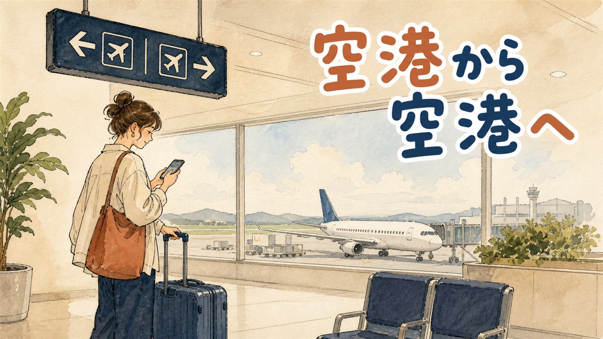 仁川空港のターミナルでスーツケースを持ち、電車のホームと送迎車の乗り場を見比べながら次の移動手段を考えている旅行者の後ろ姿