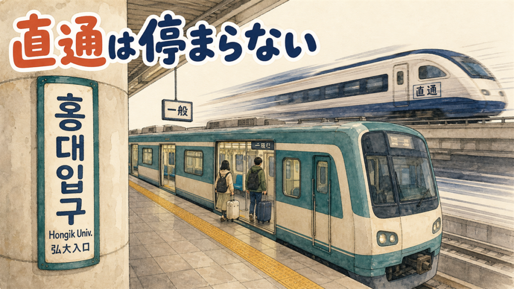 仁川空港から弘大へのアクセスの記事のアイキャッチ。弘大入口駅のホームで扉を開けた一般列車の奥を、直通列車が停まらずに通過していくイラスト