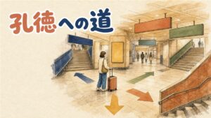 仁川空港の到着ロビーでスーツケースを引きながらスマホの路線図を確認する旅行者と、奥に見える孔徳駅方面を示す案内サイン