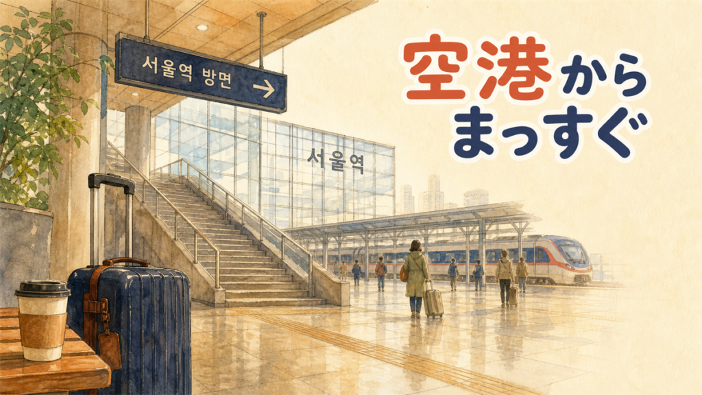 ソウル駅のコンコースの階段とハングルの案内サイン、奥のホームに停まる列車のイラスト