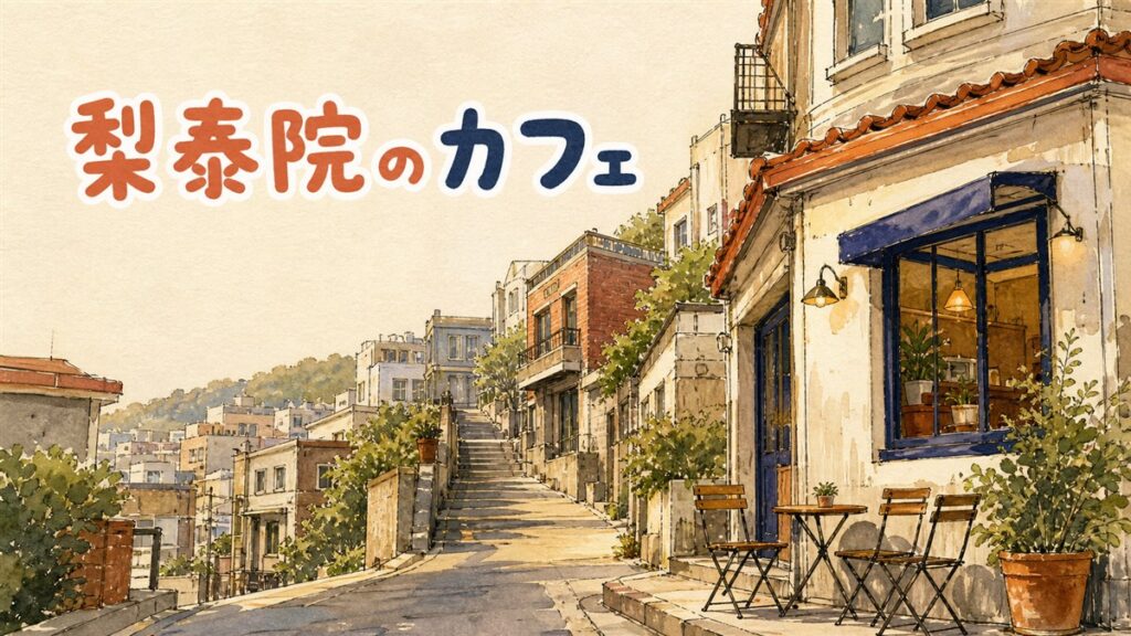 坂道の多い梨泰院の街並みと、隣接する漢南洞の落ち着いたカフェ通りを見比べる情景