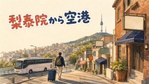 梨泰院の坂道でスーツケースを引く旅行者と、坂の下で待つ送迎車