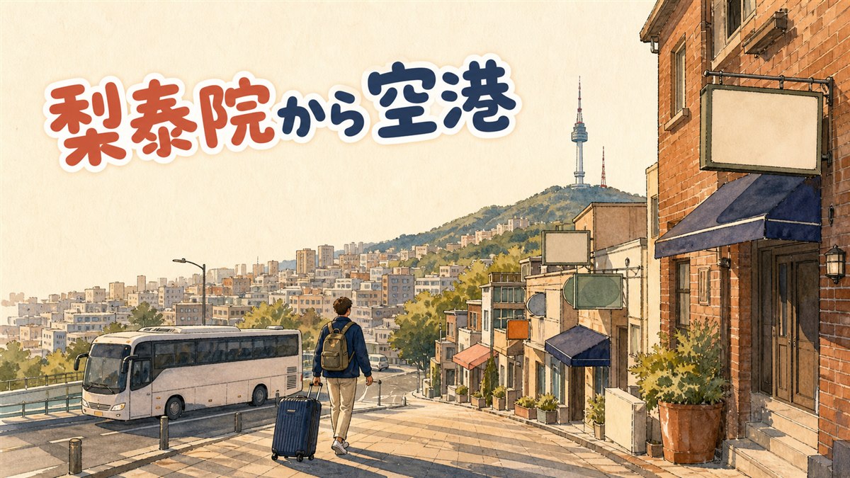 梨泰院の坂道でスーツケースを引く旅行者と、坂の下で待つ送迎車