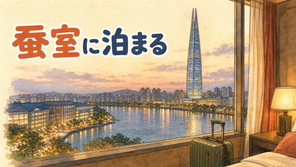 蚕室駅前でスーツケースを引きながらホテル方面へ歩く旅行者と、奥に見えるロッテワールドタワーの情景