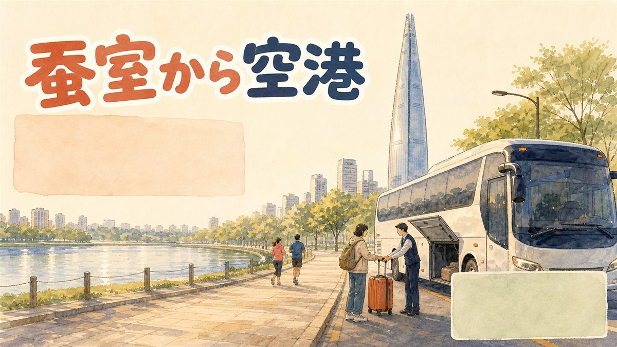 蚕室のロッテワールドタワーを背景に、早朝の空港リムジンバス乗り場でスーツケースを持つ旅行者