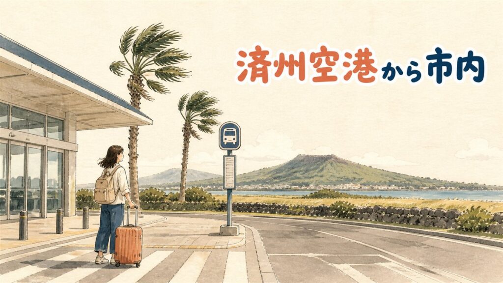 済州国際空港の到着ロビー前で、バス乗り場とタクシー乗り場の案内表示を見比べながらスーツケースを持って立っている旅行者の様子