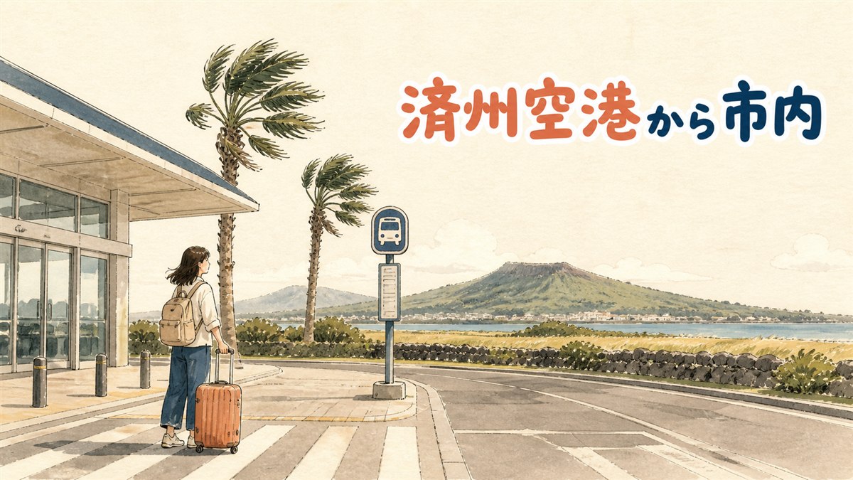 済州国際空港の到着ロビー前で、バス乗り場とタクシー乗り場の案内表示を見比べながらスーツケースを持って立っている旅行者の様子