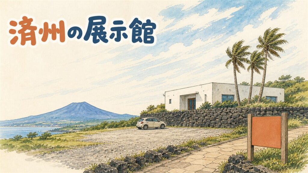 済州島の丘に建つ白い展示館と砂利の駐車場、遠くに火山の稜線が見える水彩イラスト