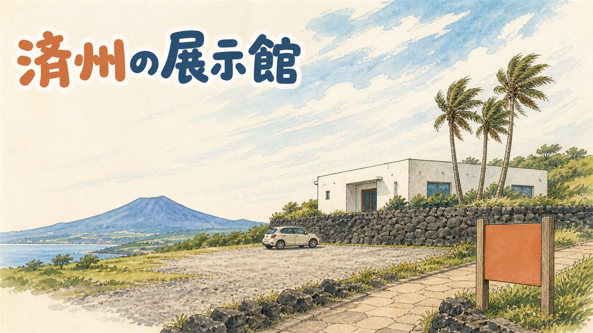 済州島の丘に建つ白い展示館と砂利の駐車場、遠くに火山の稜線が見える水彩イラスト