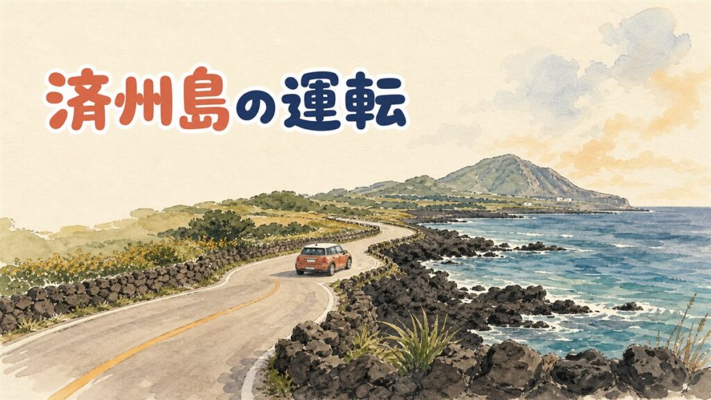 済州島の海沿いの道路を走るレンタカーと国際運転免許証のイメージ