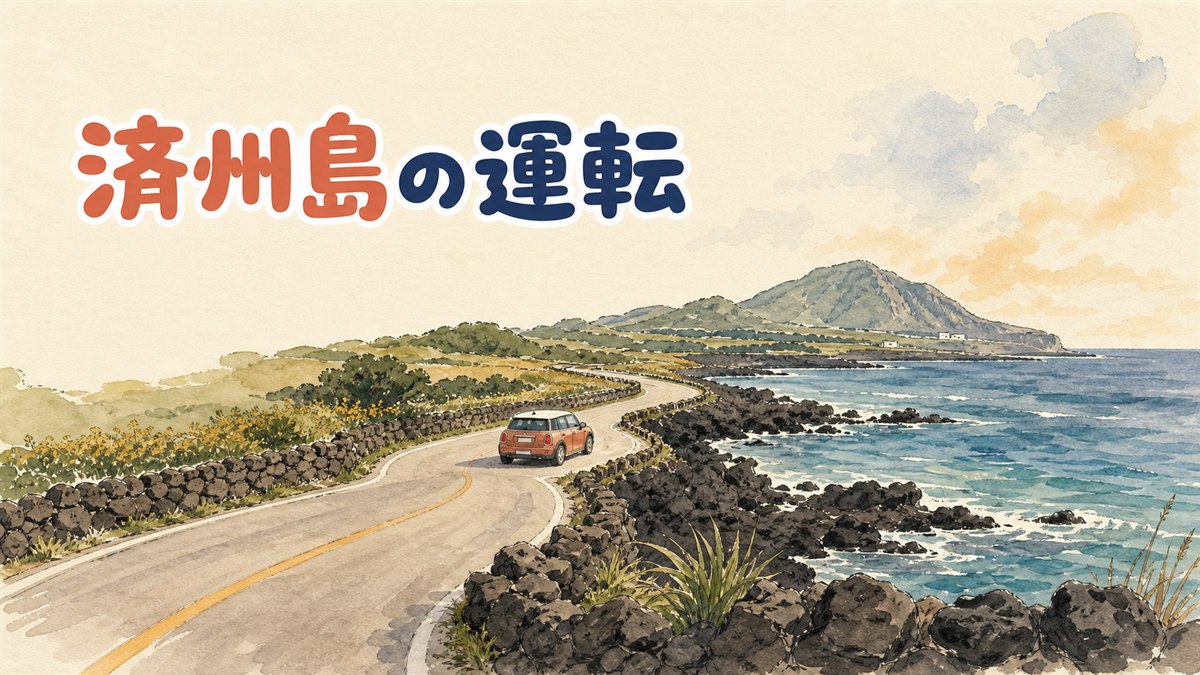 済州島の海沿いの道路を走るレンタカーと国際運転免許証のイメージ