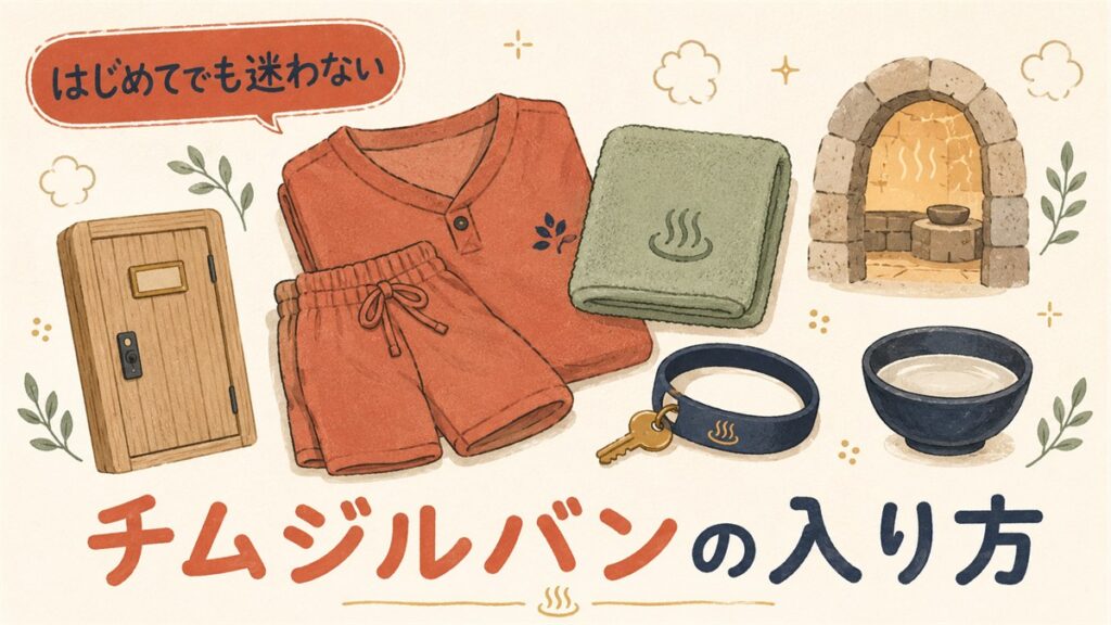 チムジルバンの入り方を紹介するアイキャッチイラスト。オレンジの館内着とタオル、ロッカー扉、リストバンド型キー、石造りの汗蒸幕を並べ「はじめてでも迷わない」のコピーを添えた構成。