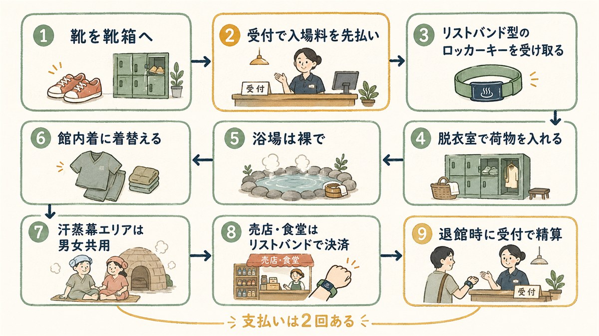 チムジルバンの入り方を受付から退館まで9ステップで示した流れ図。靴箱・受付先払い・リストバンド型キー・脱衣室・浴場は裸・館内着・男女共用の汗蒸幕・売店はリストバンド決済・退館時の精算の順に並び、支払いが2回あることを示す。
