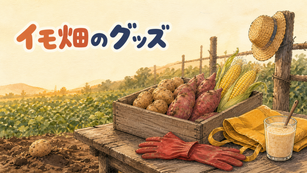 韓国の農場の売り場に並ぶじゃがいもととうもろこし、黄色いエコバッグとゴム手袋