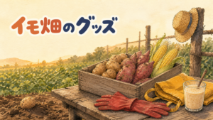 韓国の農場の売り場に並ぶじゃがいもととうもろこし、黄色いエコバッグとゴム手袋