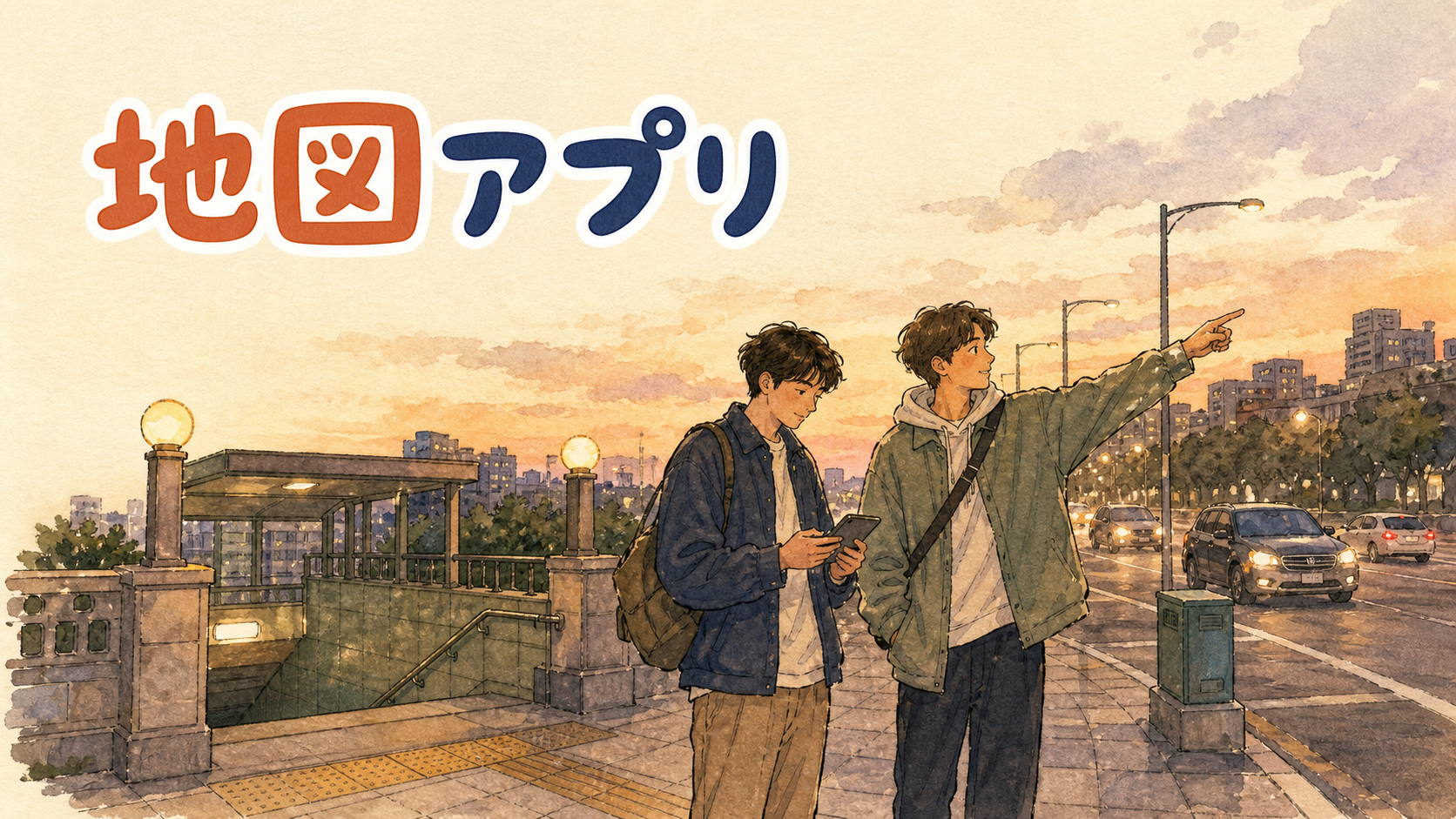 地下鉄の出口を出た二人組の男性旅行者が、夕方の街角で地図アプリを見ながら進む方向を確かめている