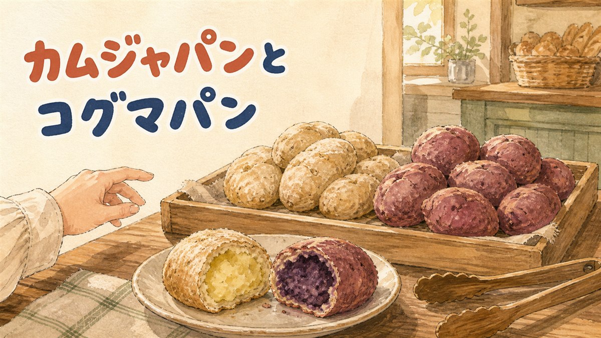 パン屋の木箱に並ぶ、じゃがいも形のカムジャパンとさつまいも形のコグマパン。手前の皿では両方を割って、黄色と紫の中身が見えている