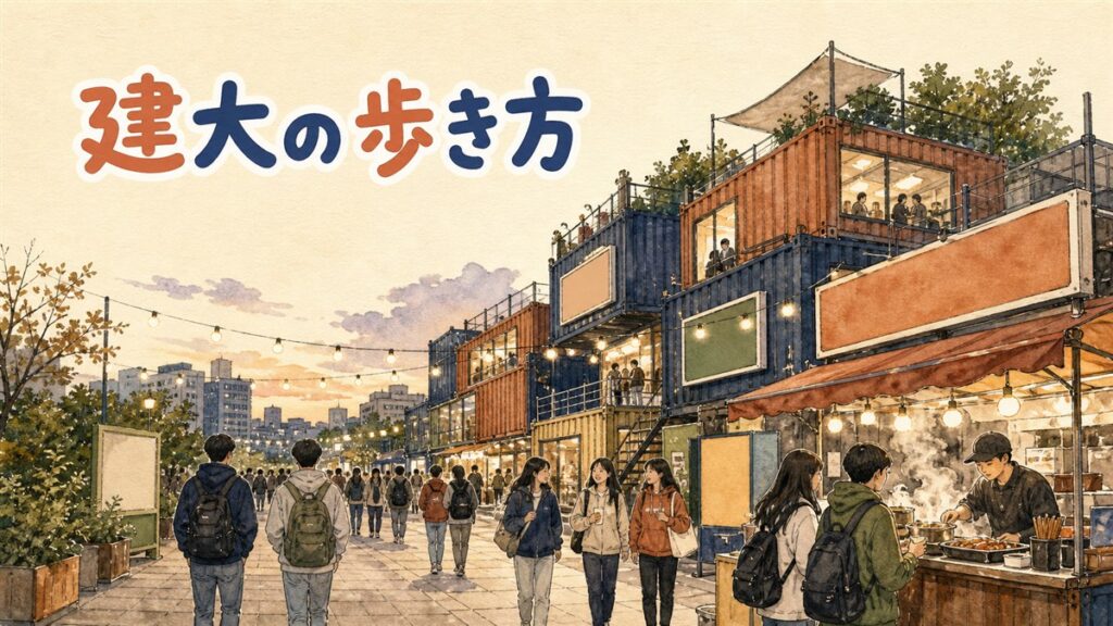 建大入口駅の出口を行き交う人々と奥に広がる飲食店街の情景