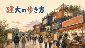 建大入口駅の出口を行き交う人々と奥に広がる飲食店街の情景