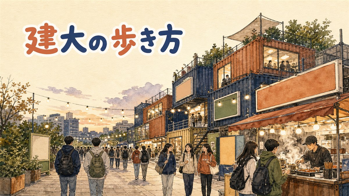 建大入口駅の出口を行き交う人々と奥に広がる飲食店街の情景