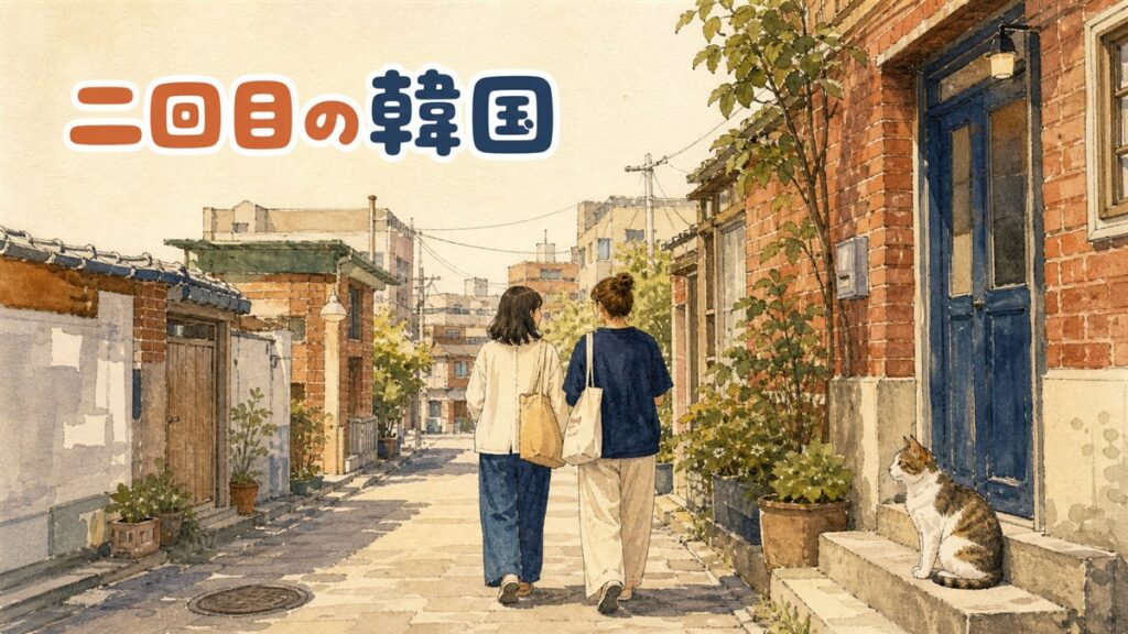 2回目の韓国旅行で、定番スポットから少し離れたエリアを歩く旅行者を描いた図
