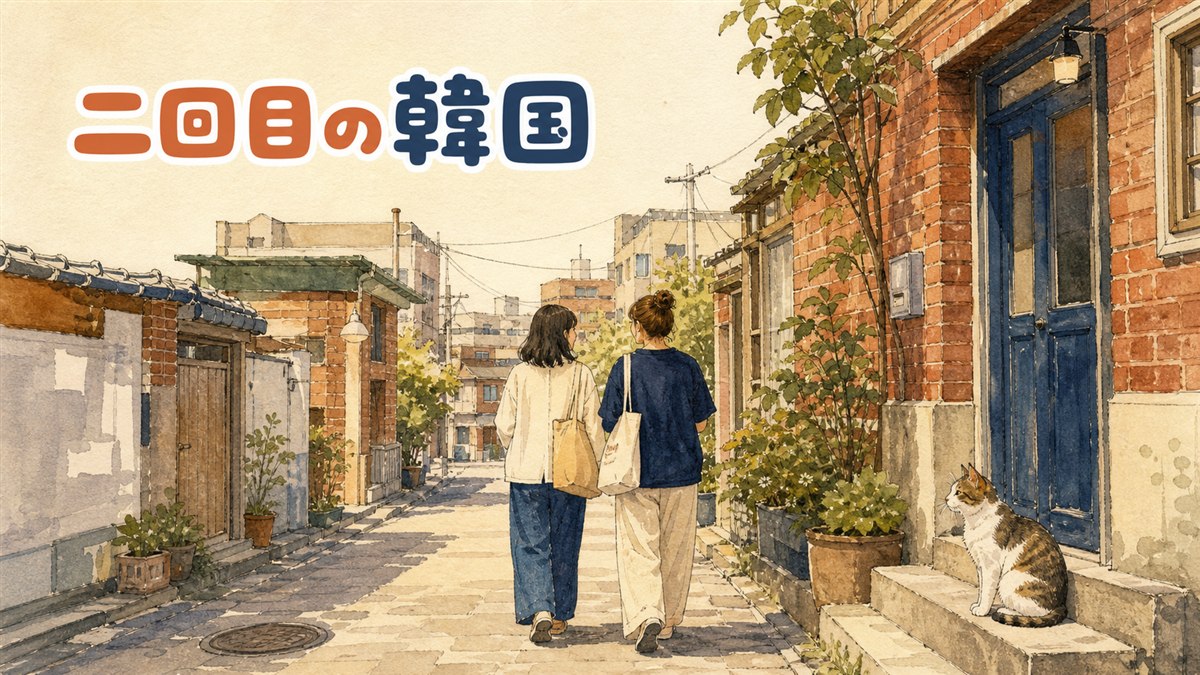2回目の韓国旅行で、定番スポットから少し離れたエリアを歩く旅行者を描いた図