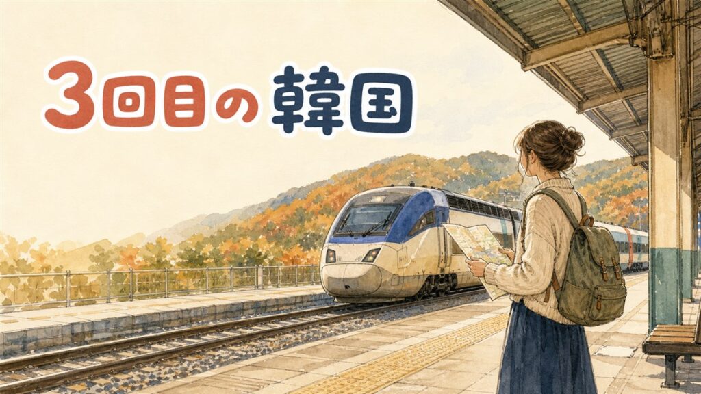 地方への小旅行・市内の伝統体験・秋の期間限定行事を並べて3回目の韓国旅行の行き先を考えるイメージ