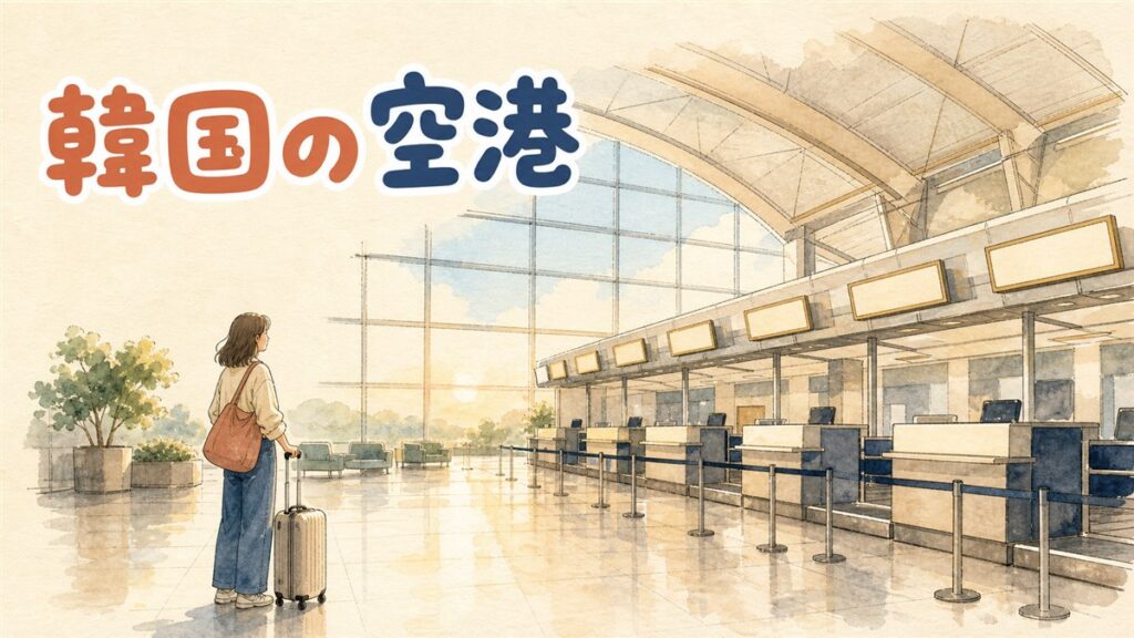 仁川国際空港の出発ロビーで電光掲示板を見上げる旅行者のイメージ