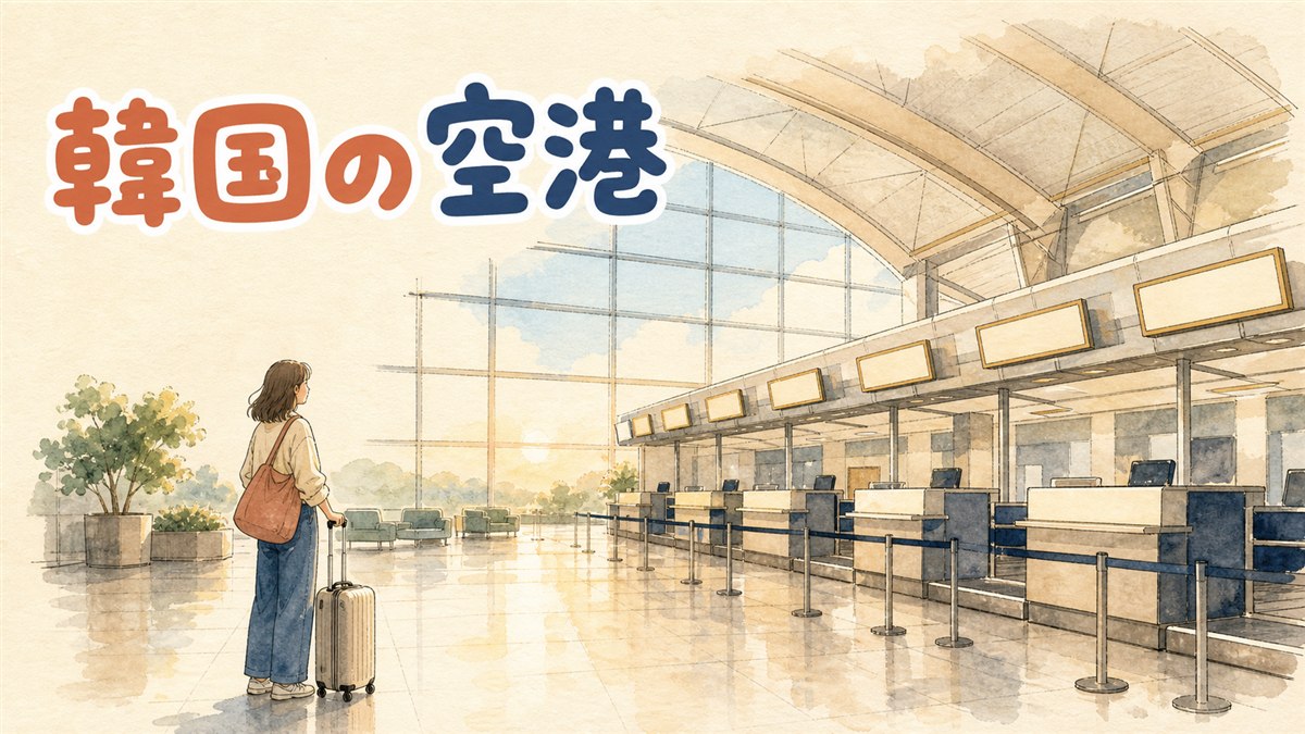 仁川国際空港の出発ロビーで電光掲示板を見上げる旅行者のイメージ