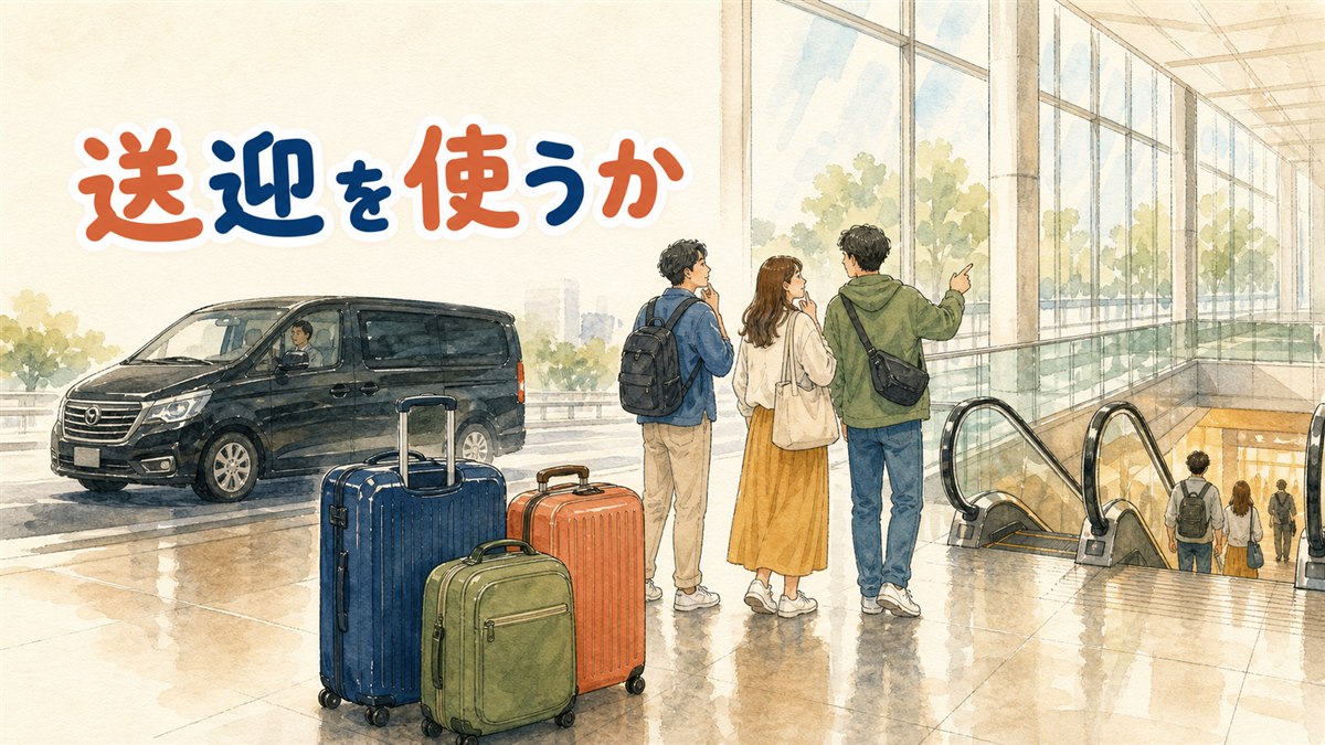 仁川空港の到着ロビーでスーツケースを持ち、貸切送迎の車と空港鉄道のどちらで市内へ向かうか考える旅行者