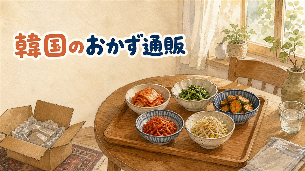 保冷剤とともに届いた韓国惣菜の冷凍パックを両手で受け取る玄関先の情景