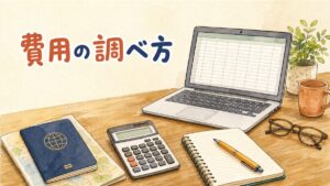 書類の束と電卓、ノートパソコンが置かれた机で費用資料を確認している情景