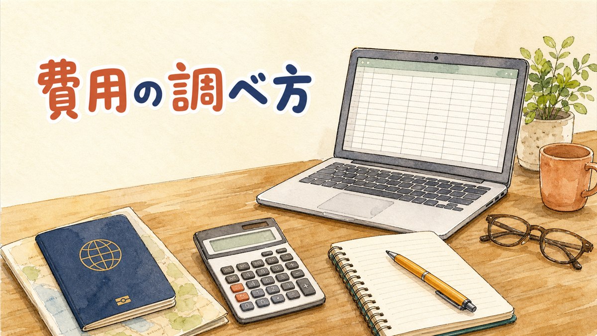 書類の束と電卓、ノートパソコンが置かれた机で費用資料を確認している情景