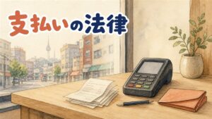 窓際の明るい木のカウンターにカード決済端末と数枚の領収書、ペンと折りたたみ財布が置かれ、窓の外にソウルの街並みが見えるイラスト。韓国の美容クリニックの支払い方法と法律を整理した記事のアイキャッチ画像