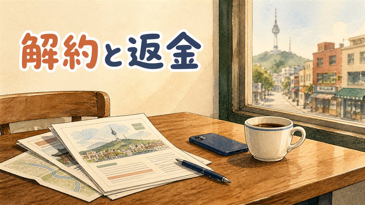 窓際の木のテーブルに数枚の書類とボールペン、伏せたスマートフォン、コーヒーカップが置かれ、窓の外にソウルの街並みが見えるイラスト。韓国の美容パッケージの解約と返金を整理した記事のアイキャッチ画像