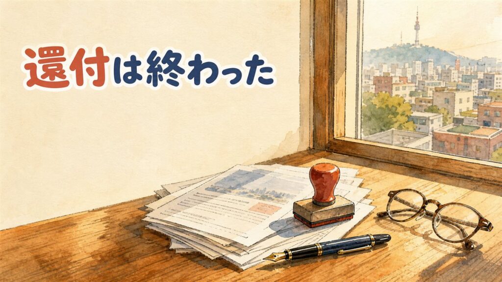 窓際の木の机に書類の束と赤いスタンプ、万年筆と老眼鏡が置かれ、窓の外にソウルの街並みが見えるイラスト。韓国の美容医療の付加価値税還付特例が終了したことを整理した記事のアイキャッチ画像