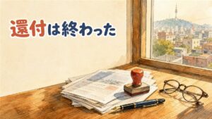 窓際の木の机に書類の束と赤いスタンプ、万年筆と老眼鏡が置かれ、窓の外にソウルの街並みが見えるイラスト。韓国の美容医療の付加価値税還付特例が終了したことを整理した記事のアイキャッチ画像