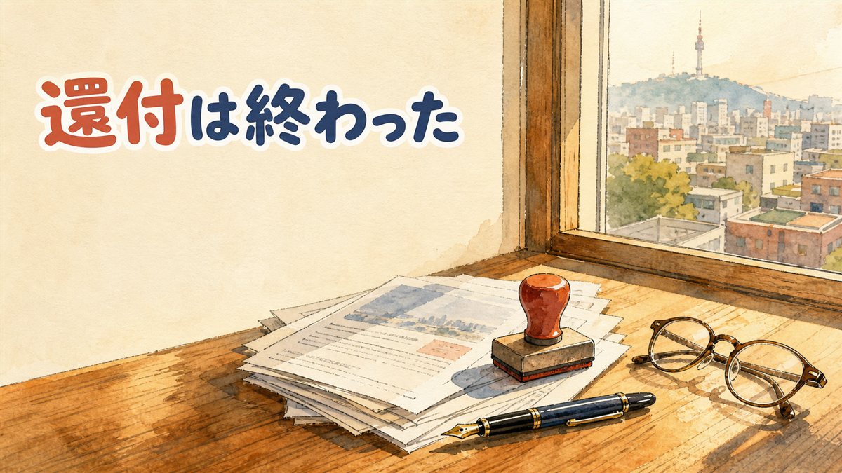 窓際の木の机に書類の束と赤いスタンプ、万年筆と老眼鏡が置かれ、窓の外にソウルの街並みが見えるイラスト。韓国の美容医療の付加価値税還付特例が終了したことを整理した記事のアイキャッチ画像