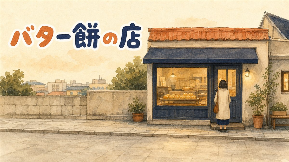 新大久保のベーカリーの店先に並ぶ韓国風バター餅のイメージ