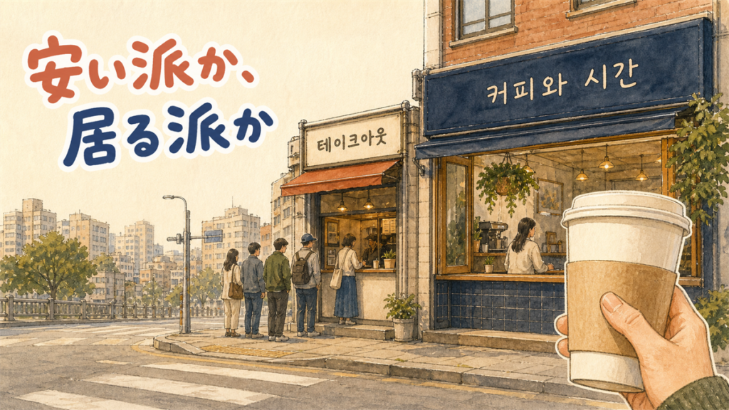 ソウルの交差点に低価格帯のカフェと滞在型のカフェが並び、手前に持ち帰りのカップがあるイラスト